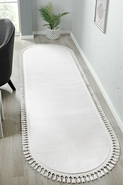 LİNOS HOME Puffy Krem Oval Saçaklı Peluş Halı  Yolluk Koridor Halısı Yıkanabilir Kaymaz Taban Halı