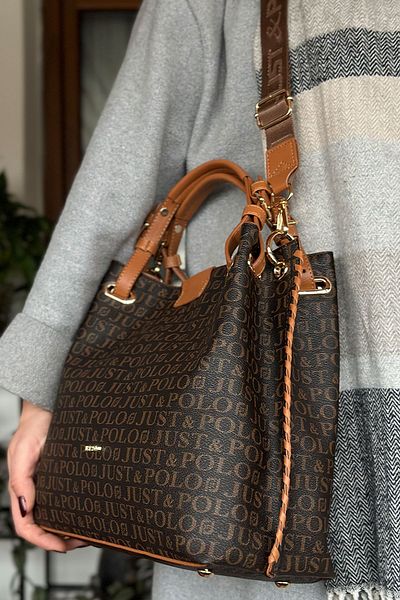 Just Polo حقيبة كتف نسائية كاجوال كبيرة الحجم محبوكة ومطرزة يدوياً باللون البني 2180