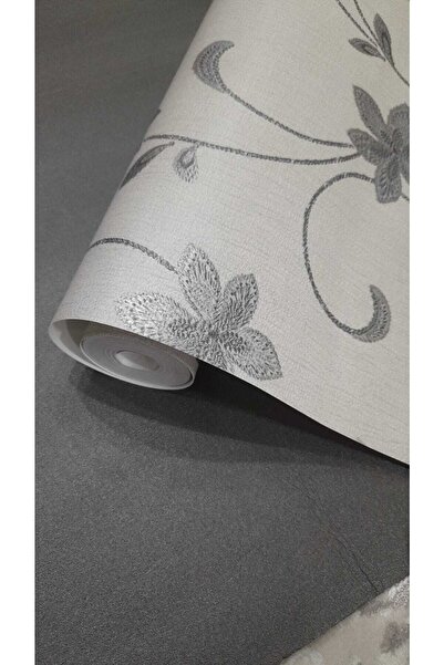 Oskar Modern Çiçek Desenli Gri Üzerine Gümüş Detaylı Duvar Kağıdı 5m2