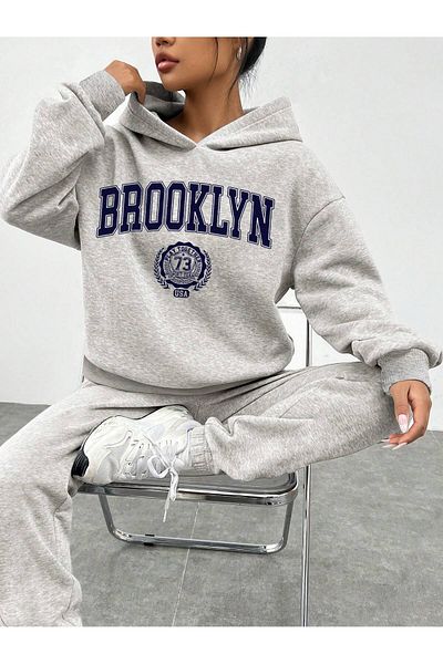 trendgar szürke brooklyn mintás kapucnis pulcsi és melegítőnadrág női alsó mester öltöny