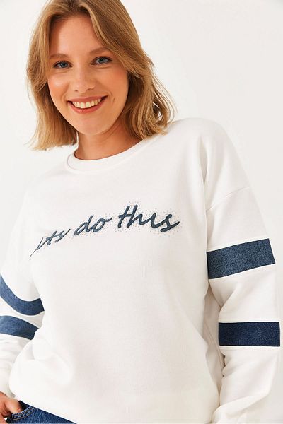 Bianco Lucci Damen-Sweatshirt mit Streifen-Denim-Detail und Steinstickerei 60251842