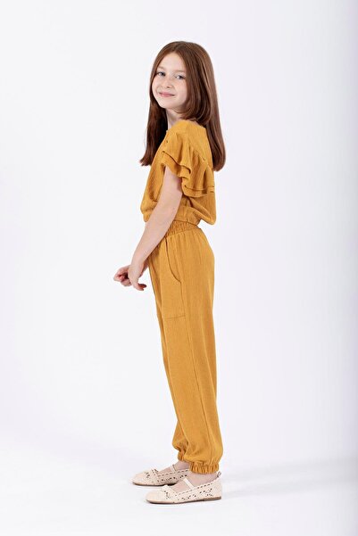 zepkids Mustard Colored Girl's Crew Neck Elastic Double Set