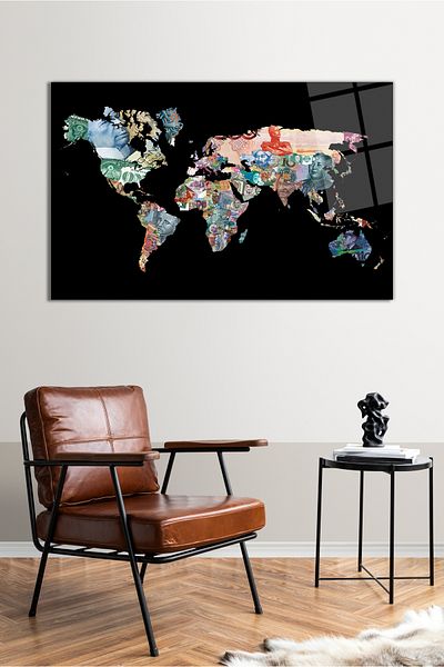 Vosevu Money Patterned Map Glass Painting, Modern Home and Office Decor, Gift Wall Decoration, Shatterproof Glass