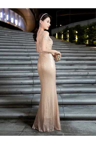 MODAS ŞIK DAR KESİM OMUZLARI AÇIK PUL PAYET ABİYE ELBİSE