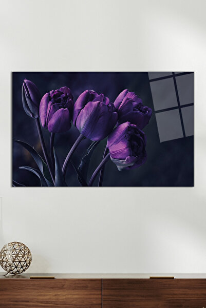 Vosevu Mor Lale Çiçek Cam Tablo, Modern Ev ve Ofis Dekoru, Hediyelik Duvar De...
