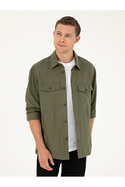 Cacharel Haki Regular Fit %100 Keten Gömlek Ceket 50288521-VR027