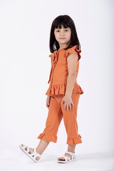 zepkids Crew Neck Short Sleeve Waffel Pacifier Frilly Double Set Brick Color Girl's Double Set