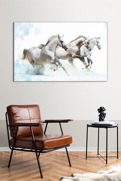 Vosevu Noble White Running Horses Glass Painting, Modern Home Office Decor, Gift Wall Decoration, Shatterproof Glass