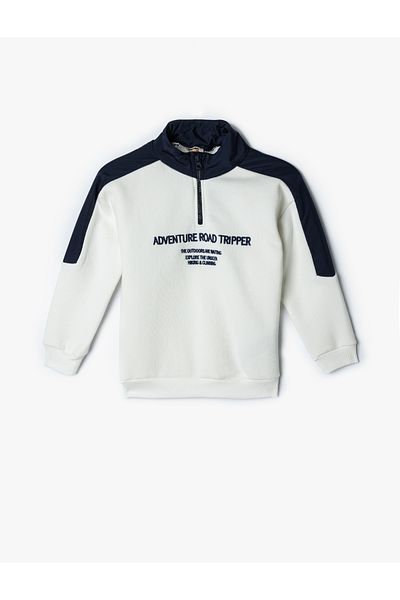 Koton Long Sleeve Printed Ribbed Sweatshirt with Stand Collar and Half Zipper