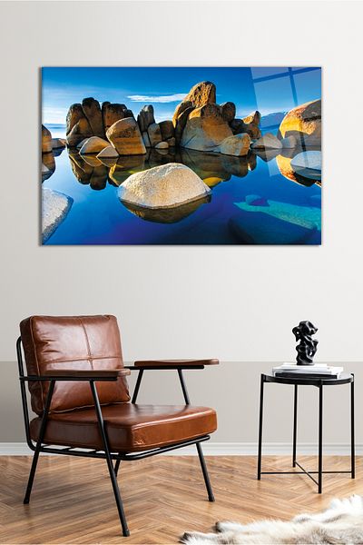 Vosevu Pictură pe sticlă Rocks Inside Lake, Decor modern pentru biroul de acasă, Decorare de perete cadou, Sticlă rezistentă la spargere