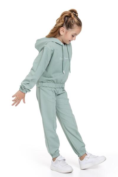 zepkids Hooded Long Sleeve Daisy Flowers Leaf Printed Cagla Green Color Girl's Double Set