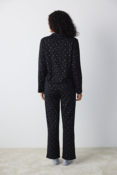 Penti Düğmeli Pamuklu Dark Sky Siyah Gömlek Pantolon Pijama Takımı