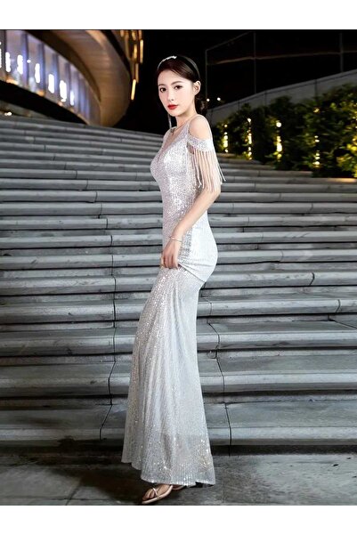 MODAS ŞIK DAR KESİM OMUZLARI AÇIK PUL PAYET ABİYE ELBİSE