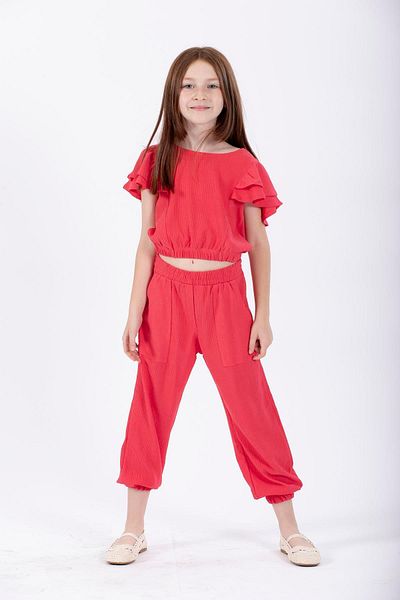 zepkids Fuchsia Colored Girl's Double Suit with Crew Neck and Elastic Legs