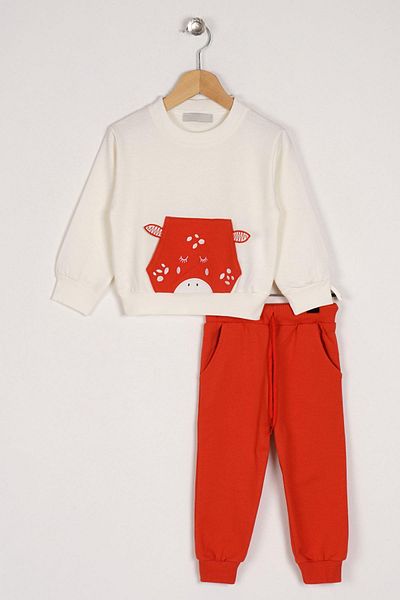 zepkids Crew Neck Long Sleeve Kangaroo Printed Ecru Color Girl's Two Piece Set