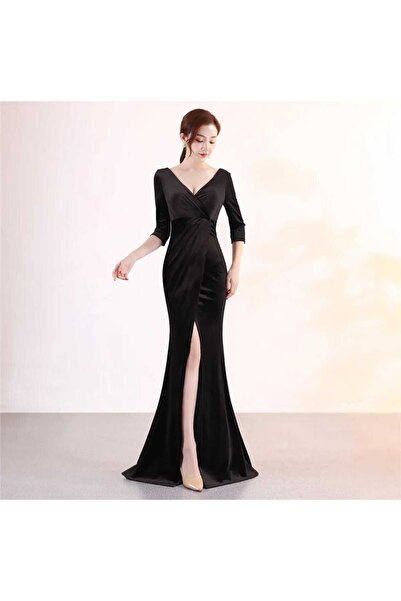 MODAS V YAKA KISA KOLLU YIRTMAÇLI BÖLÜNMÜŞ SIRTI AÇIK  KADİFE ABİYE ELBİSE