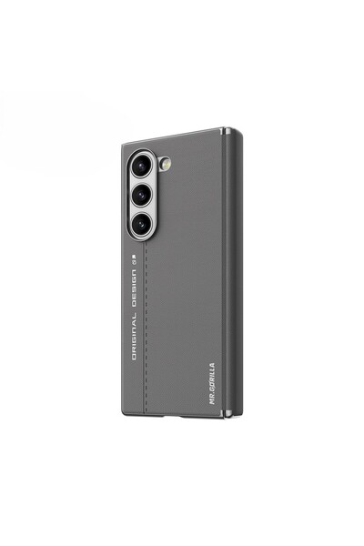 BLUEO Samsung Fold 6 Premium Deri Folding Gri Telefon Kılıfı