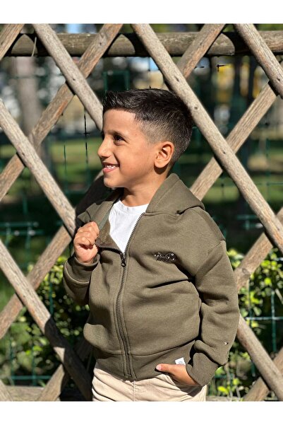 RENGARENG Çocuk Haki Yeşil Renk Fil Nakış İşlemeli 3 İplik Şardonlu %100 Pamu...