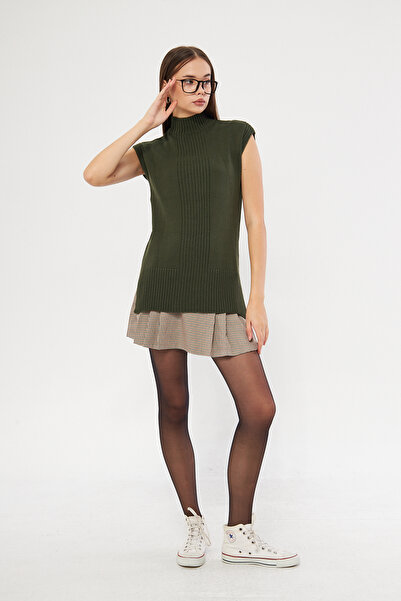 Kutaf Khaki Long Slit Detailed Soft Textured Knitwear Sweater
