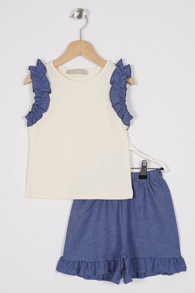 zepkids Crew Neck Zero Sleeve Ruffle Shorts Ecru Indigo Color Girls' Double Set