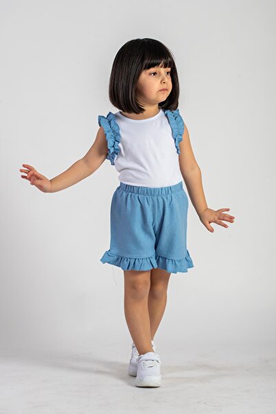 zepkids Crew Neck Zero Sleeve Ruffle Shorts White Blue Color Girls Double Set