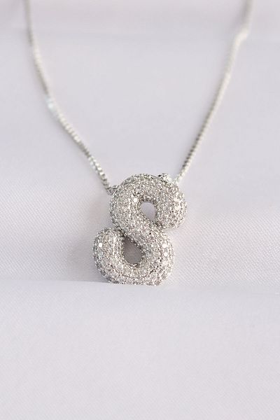 Skygo Zircon Stone Silver Bubble Necklace - 316L Steel Chain, Letter S - TJ-BKO8590