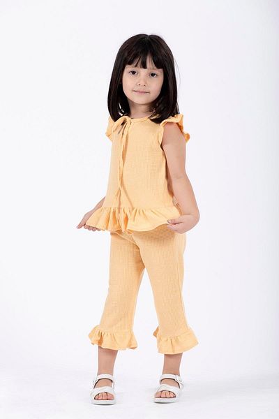 zepkids Crew Neck Short Sleeve Waffel Pacifier Frilly Double Set Mustard Color Girl's Double Set