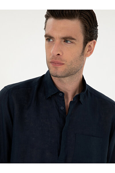 Cacharel Lacivert Slim Fit Yarım Düğmeli %100 Keten Gömlek 50288732-VR033