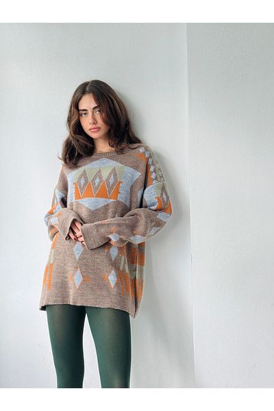 Retrobird Vintage Patterned Jacquard Knitwear Sweater Women's Sand