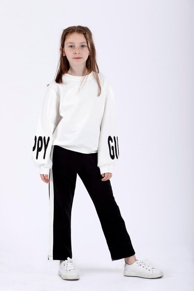 zepkids Crew nyakú, hosszú ujjú ujjú Happy Girl nyomtatott ekrü színű lány kétrészes készlet