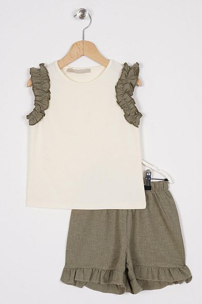 zepkids Crew Neck Zero Sleeve Ruffle Shorts Ecru Khaki Color Girls' Double Set