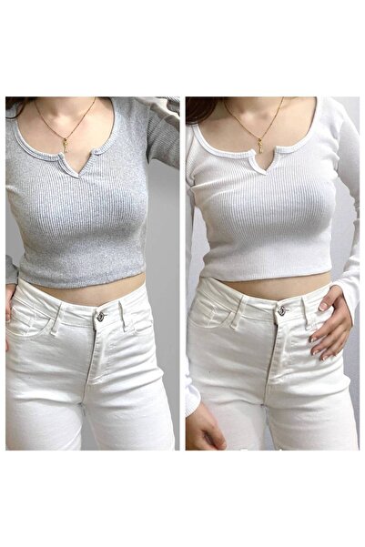 Lorya Giyim 2Li Paket %100 Pamuklu Fitilli Kaşkorse V Yaka Crop Basıc  Bluz