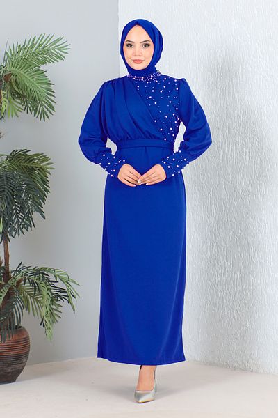 MODAQU Φόρεμα Saks Blue Pearl με λεπτομέρεια και φύλλο