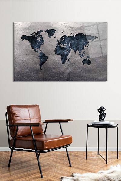 Vosevu Silver Detailed World Map Glass Painting, Modern Home and Office Decor, Gift Wall Decoration