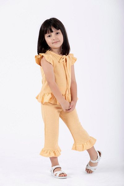 zepkids Crew Neck Short Sleeve Waffel Pacifier Frilly Double Set Mustard Color Girl's Double Set