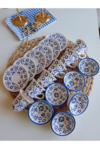 Den Tasarım Hediyelik Anneler Günü Özel El Işlemeli Mavi Dantel 6 Kişilik Kahve Fincan Seti Ve 6lı Lokumluk Kase