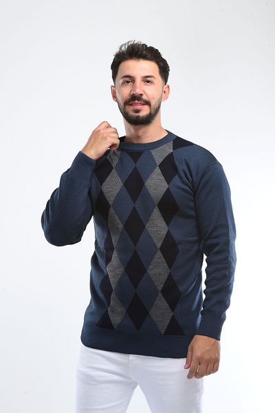HEDEFNUR TEKSTİL Guler Tricotat Oțel - Pulover Tată Tricotaj cu Motiv Argyle
