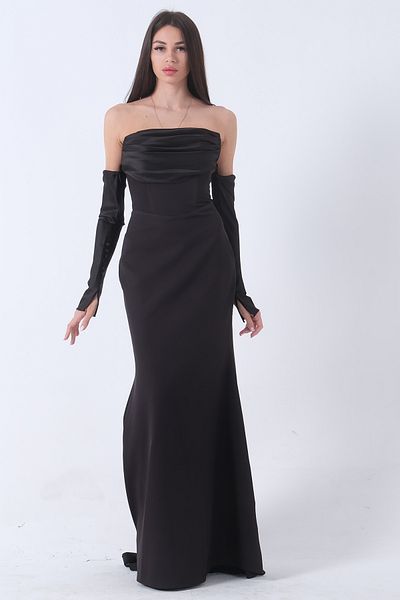 Feminist Black Long Draped Evening Dress - Button Detailed 9705361