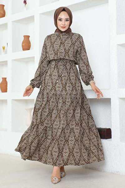 SGS Φόρεμα καφέ βισκόζης - με κορδόνια και σχέδια