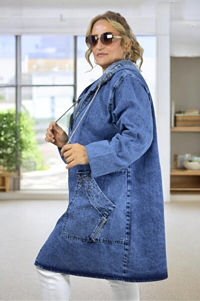 yagmurberen Wide Pocket Zippered Pockets Stone Embroidery Detail Extra Battal Large Size Denim Jeans Jacket