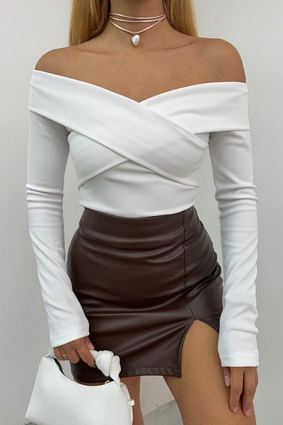 WOMAN VISION Women's White Stretch Fabric Cross-Strapped Design Strapless Collar Blouse 12748