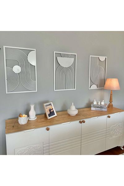 Colorfull Worlds Set de 3 decorațiuni de perete metalice verticale Mid Century - alb - Decorare de perete cadou pentru birou acasă