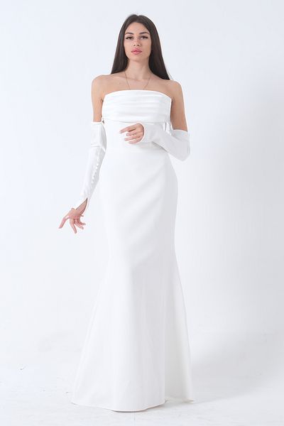 Feminist White Draped Long Evening Dress - Button Detailed 9705361