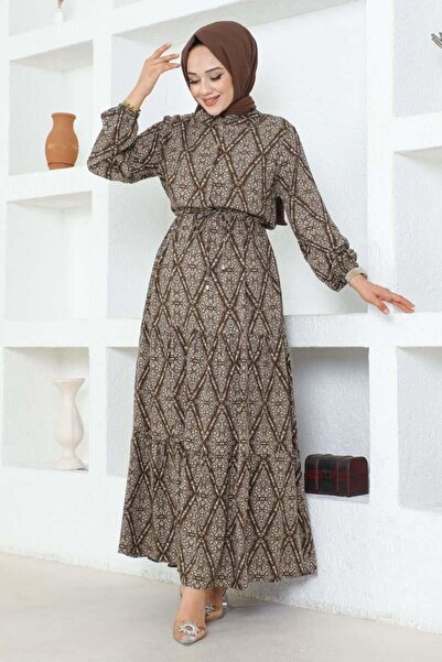 SGS Φόρεμα καφέ βισκόζης - με κορδόνια και σχέδια