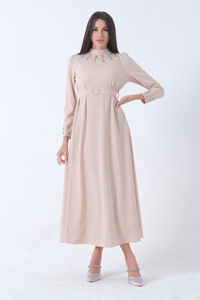 Feminist Belted Hijab Dress with Stone Accessories - Collar and Ankle Detail, Stone 4673007