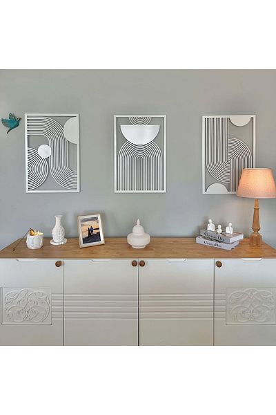 Colorfull Worlds Set de 3 decorațiuni de perete metalice verticale Mid Century - alb - Decorare de perete cadou pentru birou acasă