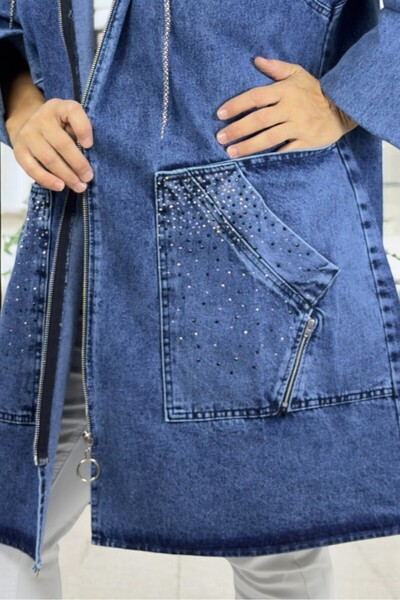 yagmurberen Wide Pocket Zippered Pockets Stone Embroidery Detail Extra Battal Large Size Denim Jeans Jacket