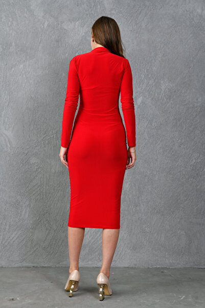 lovebox Rugalmas sandy szövet - állógalléros hosszú ujjú, midi hosszúságú piros ruha 10941