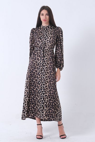 Feminist Leopard Patterned Hijab Dress with Elastic Ankle and Waist Ties 4673008
