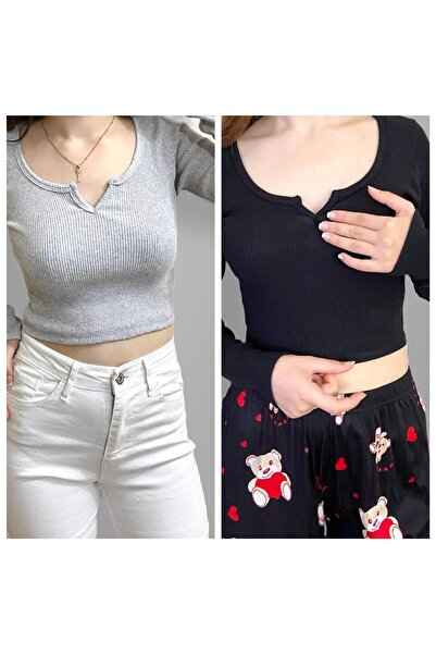 Lorya Giyim Pachet de 2 bluze crop pentru femei, 100% bumbac, cu decolteu în V